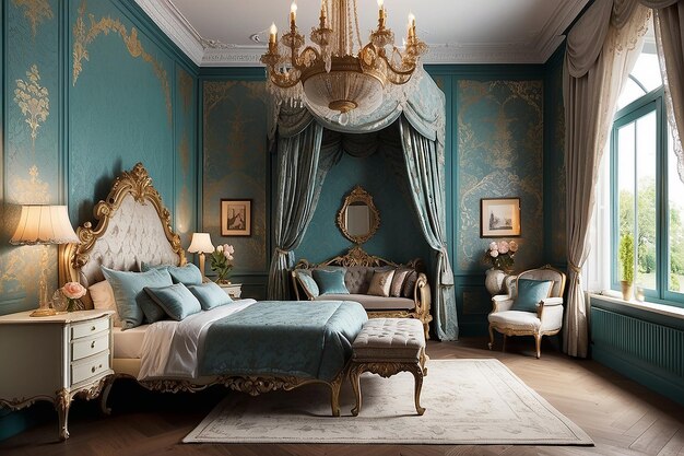 Photo victorianinspired bedroom with an ornate bed frame and elegant wallpaper