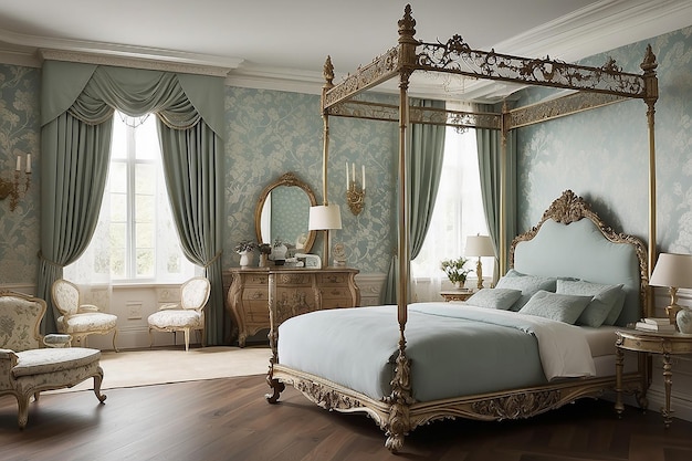 Photo victorianinspired bedroom with an ornate bed frame and elegant wallpaper