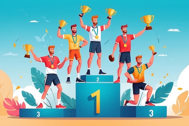 Victorious Athletes Winners Podium Cartoon Illustration