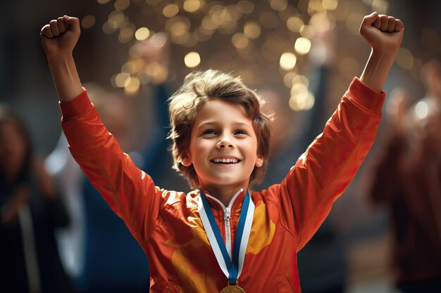 Victorious Boy in Red Sports Suit