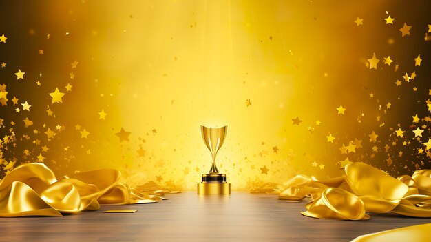 Victorious illustration of a 3d trophy in yellow color for celebration banner