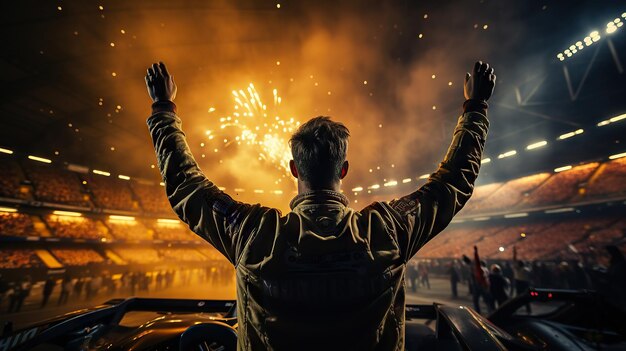 사진 승리 한 경주 자동차 운전자 는 밤 에 경기장 에서 불꽃놀이 가운데 팔 을 들고 승리 를 축하 한다