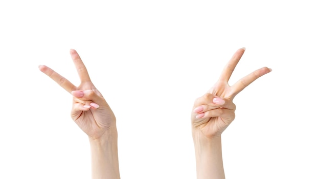 Victory celebration Peace gesture Satisfaction joy Fun triumph Female winner hands showing V sign isolated on white copy space background