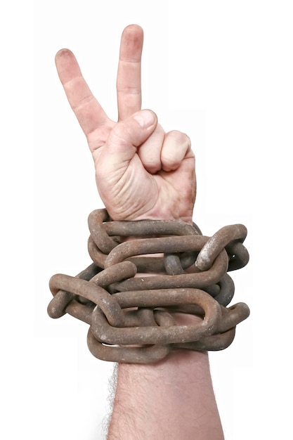 Victory or peace sign of man in chains Isolated