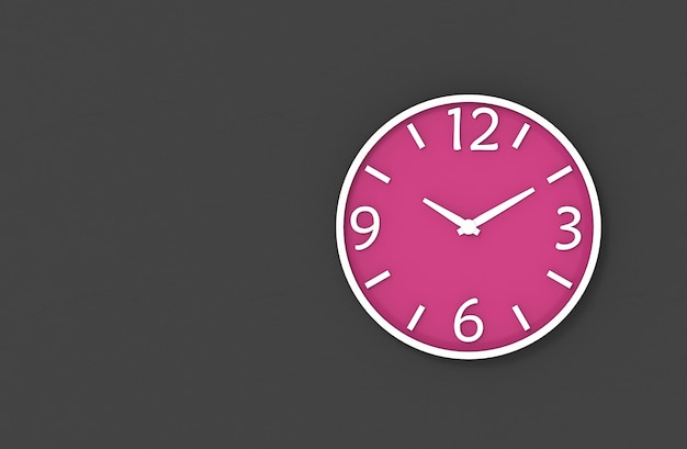 Photo victory sign time of modern pink clock on dark copy space cement wall background.