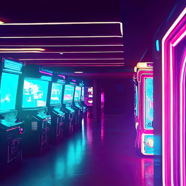 Video Arcade interior with neon light with Generative AI