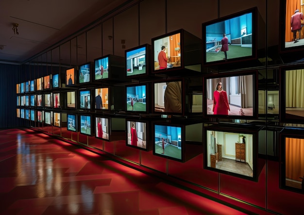 Foto un'installazione di videoarte caratterizzata da più schermi che mostrano diverse prospettive di a