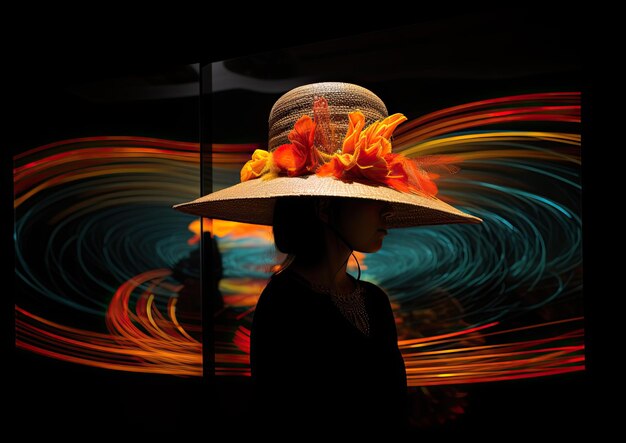 Foto un'installazione di videoarte con un cappello da pellegrino del ringraziamento proiettato su un grande schermo accompagnato