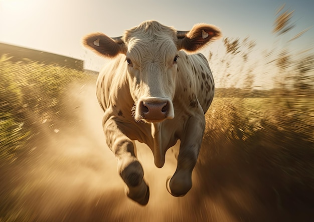 A video artinspired still image of a cow gracefully running through a field captured in slow