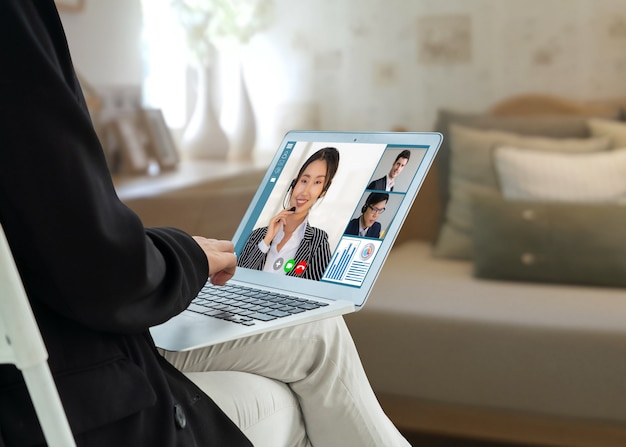 Video call business people meeting on virtual workplace or remote office