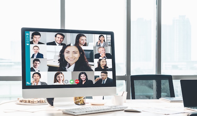 Photo video call business people meeting on virtual workplace or remote office