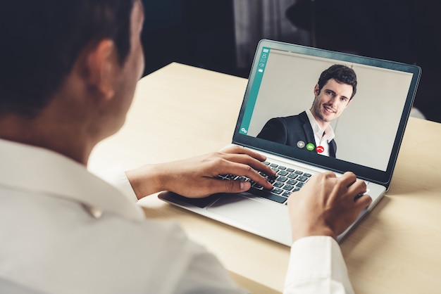 Photo video call business people meeting on virtual workplace or remote office