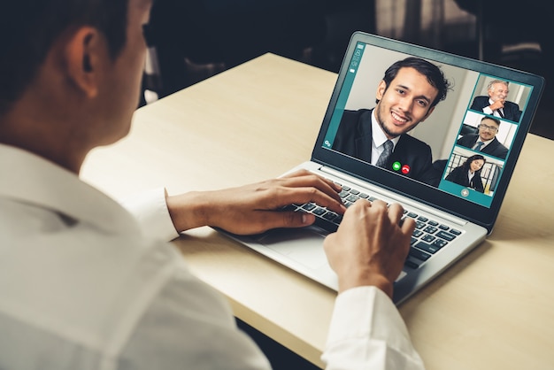 Photo video call business people meeting on virtual workplace or remote office