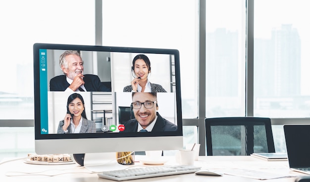 Video call business people meeting on virtual workplace or remote office