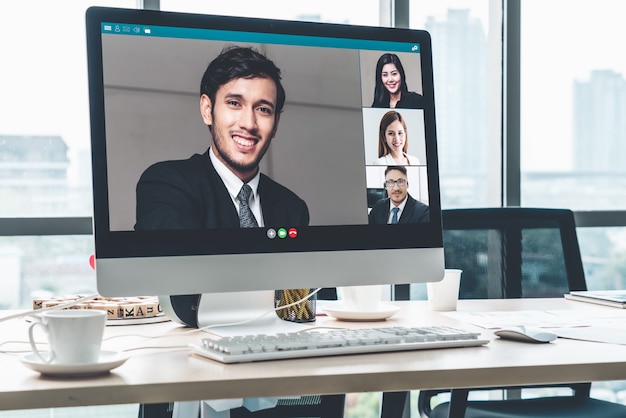 Video call business people meeting on virtual workplace or remote office