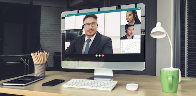 Video call business people meeting on virtual workplace or\
remote office