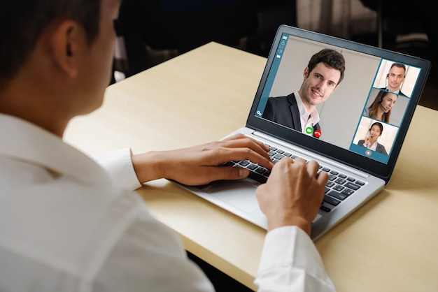 Video call business people meeting on virtual workplace or remote office