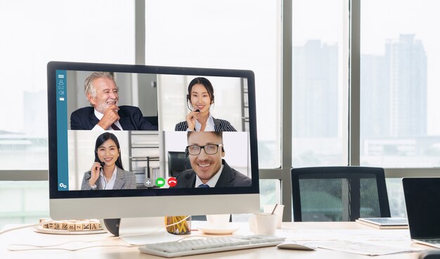 Video call business people meeting on virtual workplace or remote office 