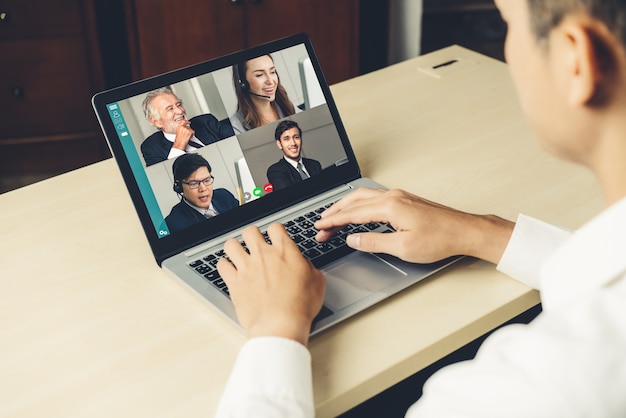 Video call business people meeting on virtual workplace or remote office