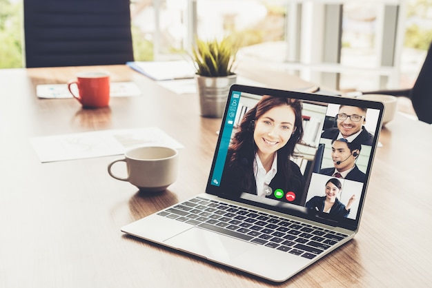 Video call business people meeting on virtual workplace or remote office