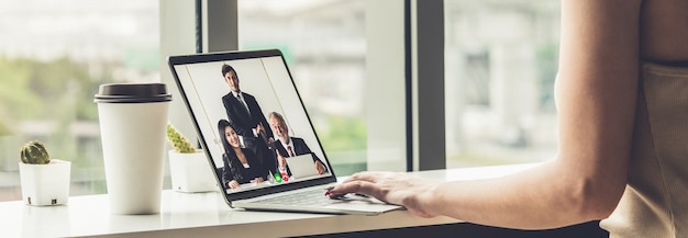 Video call business people meeting on virtual workplace or remote office