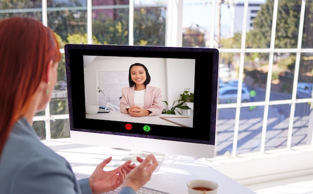 Photo video call computer and business woman in office video conference or remote meeting business meeting discussion or employee in webinar interview video chat or online sales workshop in workplace