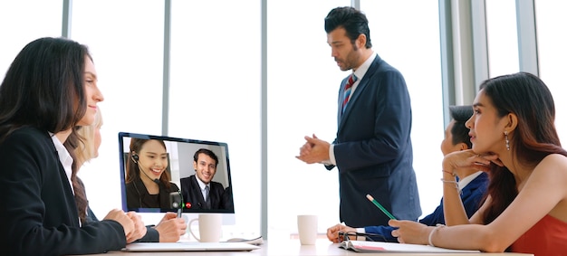 Video call group business people meeting on virtual workplace or remote office