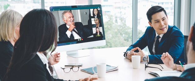 Photo video call group business people meeting on virtual workplace or remote office