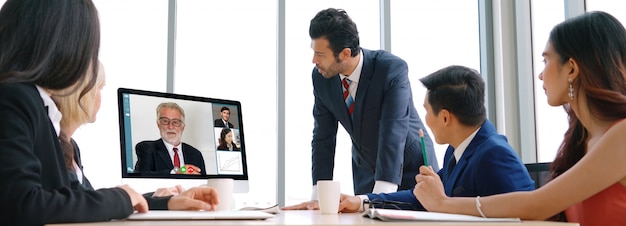 Video call group business people meeting on virtual workplace or remote office