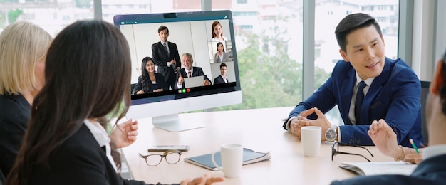 Photo video call group business people meeting on virtual workplace or remote office