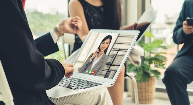 Video call group business people meeting on virtual workplace or remote office