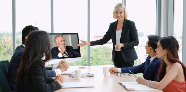 Video call group business people meeting on virtual workplace or remote office