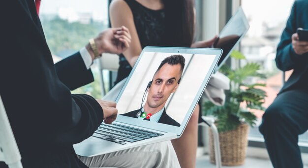 Video call group business people meeting on virtual workplace or remote office