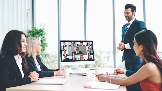 Video call group business people meeting on virtual workplace or remote office