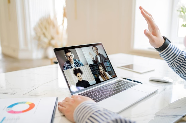 Video call online communication virtual office with work\
colleagues workplace