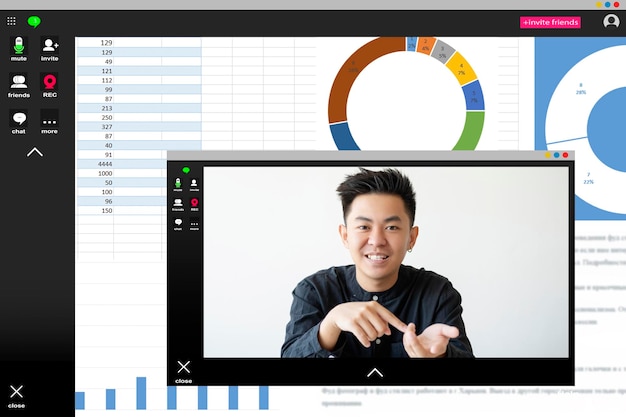 Video call virtual meeting online presentation remote work screenshot of cheerful confident asian