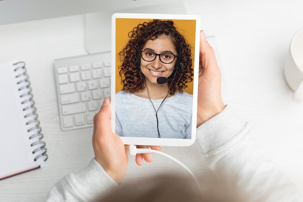 video call with a girl on the screen. online conference. educational webinar.