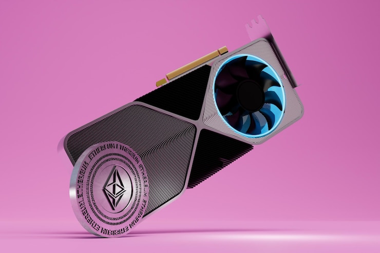 Photo video card for cryptocurrency mining coin ethereum and video card on a pink background 3d render