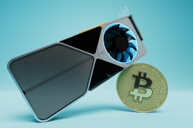 Video card for cryptocurrency mining willed card and bitcoin on\
a blue background 3d render