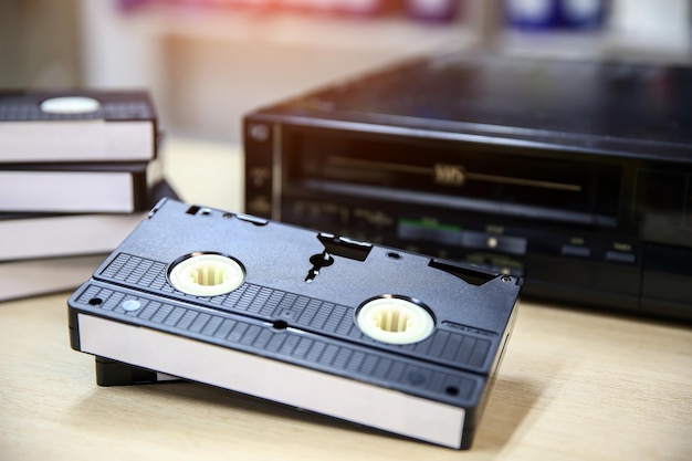 Video cassette tape stack with video record.