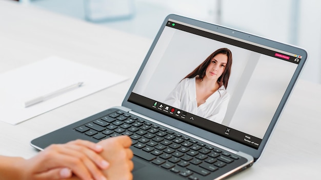 Video chat virtual interview online communication corporate telework confident business woman on