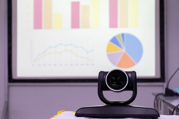 Video conference camera with mock up chart presentation screen\
background