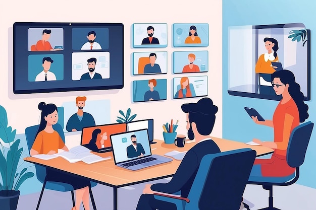 Photo video conference from home concept online meeting with colleagues work and training via teleconference or video conferencing vector illustration