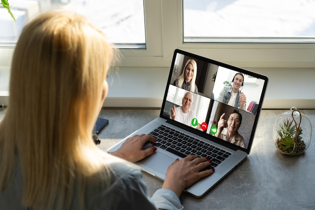 Photo video conference work webinar online at home.