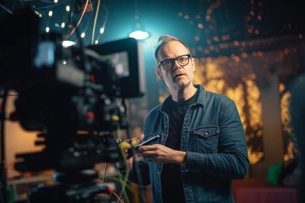 Photo video director speaks on the set of a movie production with generative ai