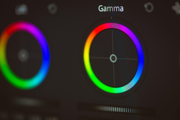 Video editing color correction software close up of the screen