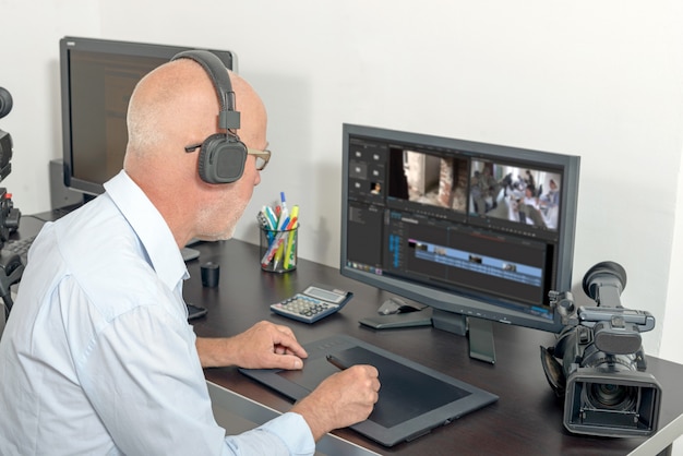 Video editor in his studio