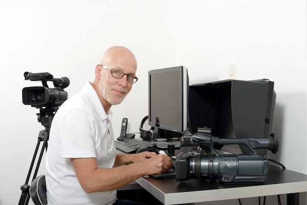 Video editor in his studio