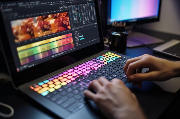 Foto le mani di un editor video su una tastiera con il colorato 00419 03
