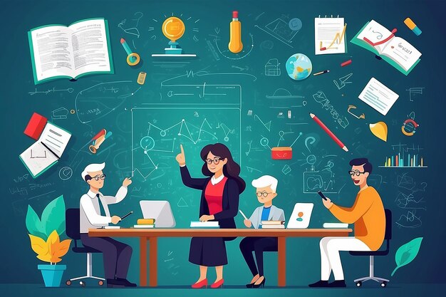 Video Education Content Creator Background With Teachers Who Teach Various Formulas and Questions for Training Flat Design Vector Illustration